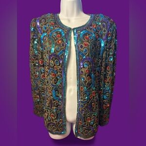 Vintage 1980’s/90’s colorful sequin jacket, black by Laurence Kazar of New York
